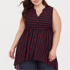 Torrid Lexie Georgette Sleeveless Hi Lo Navy Red Stripe Sheer Button Tunic Top